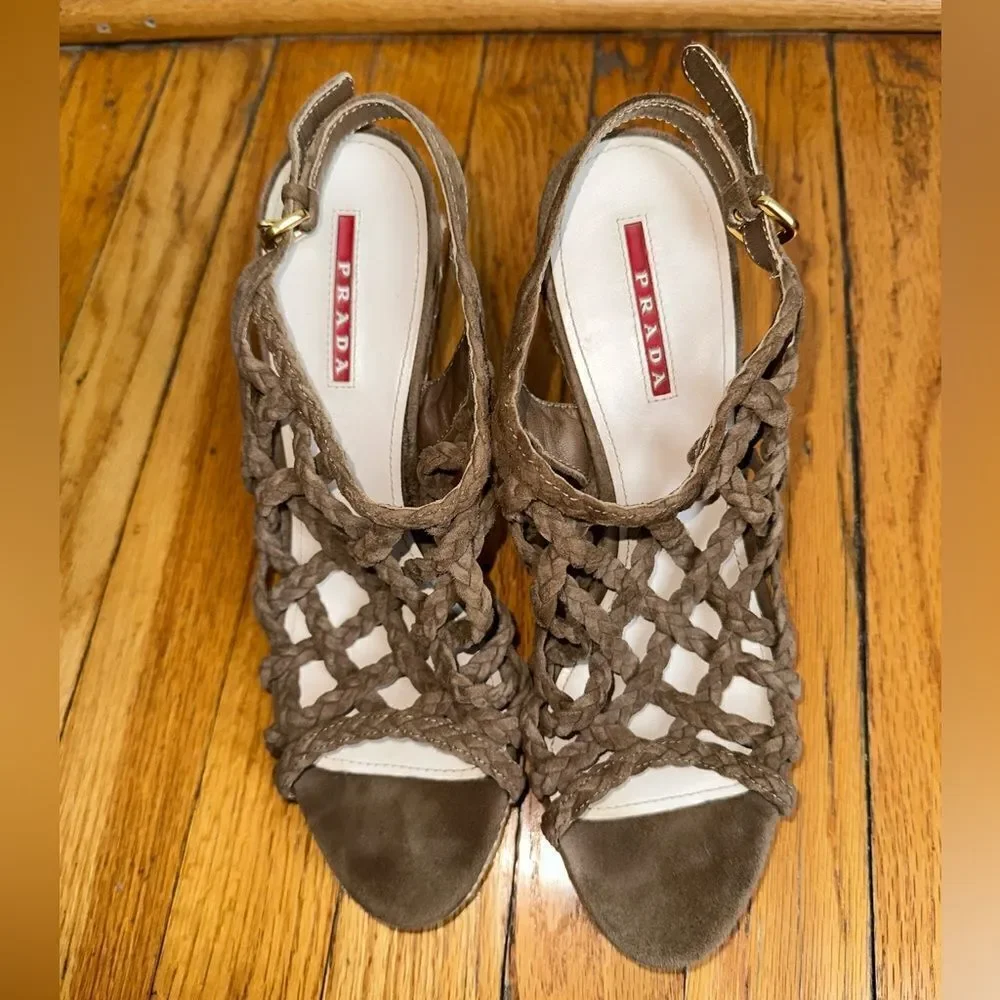 Prada wedges braised‎ rope 100% leather suede beige tan woven Sandal size 9.5